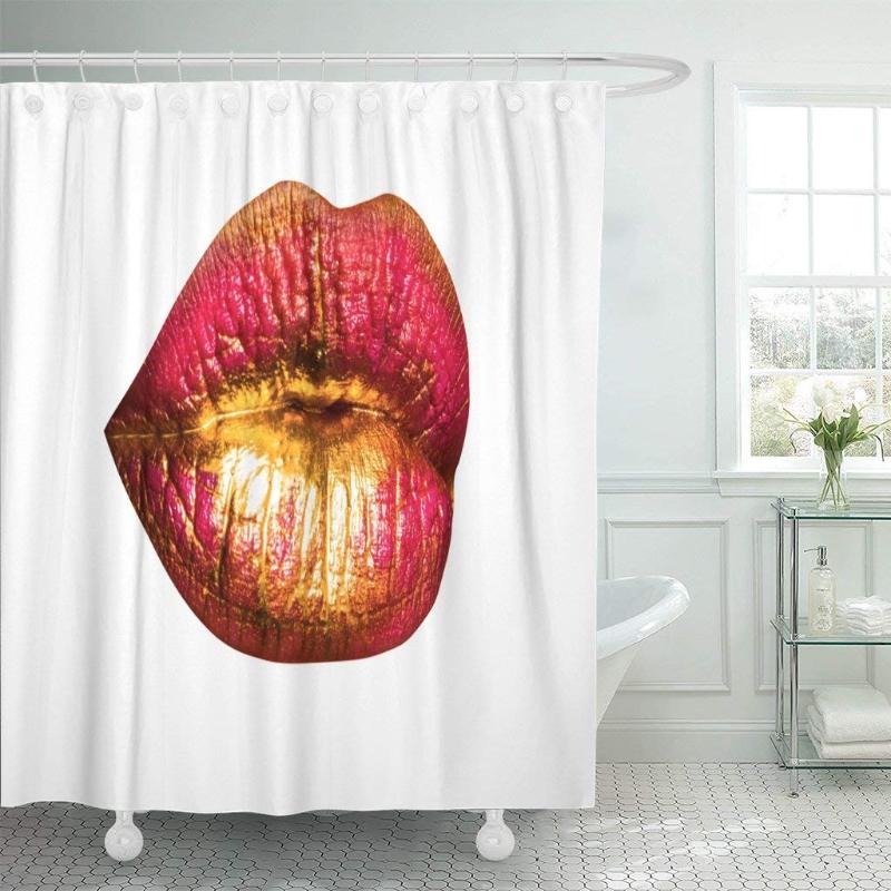 

Lips Sexy Red and Gold Female Mouth Lipstick Creative Shower Curtain Waterproof Polyester Fabric 72 x 78 Inches Set with Hooks