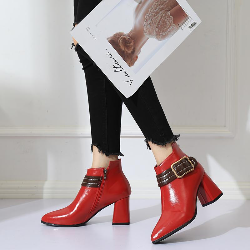 

2020 Autumn Winter Women Pointed Toe Soft Leather Ankle Boots Black Red High Heels Buckle Shoes Woman Zapatos De Mujer