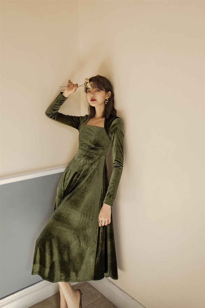

2021 Spring Midi Dresses Long Elegant Woman Party Green Velvet Vintage Sleeve Mid-calf Strapless F3xi, Blue