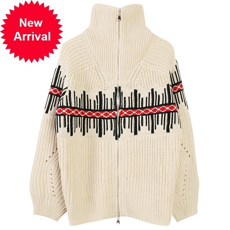 

New Winter 2021 High Street Female Irregular Striped Long Sleeve Loose Cardigan Knitted Sweater Luxury Fashion YE4X, Beige