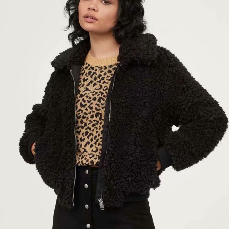 

2021 New Autumn Winter Women Black Teddy Jackets Zipper Stylish Female Short Thick Warm Cashmere Jacket Casual Girls Streetwear L354