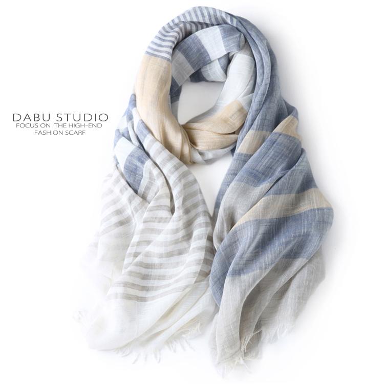 

Cotton linen scarf color matching stripe artistic scarf silk plain spring and summer sun shading thin men and women