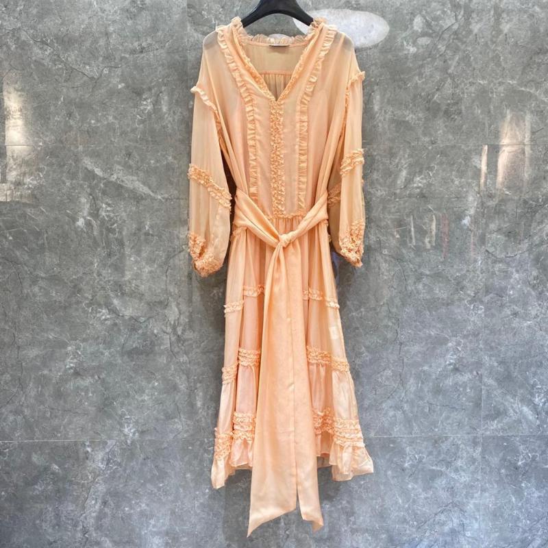 

Silk V-Neck Drop Shoulder Ruffle Stitching Belt Temperament Fairy Dress Midfielder Dress, Blue