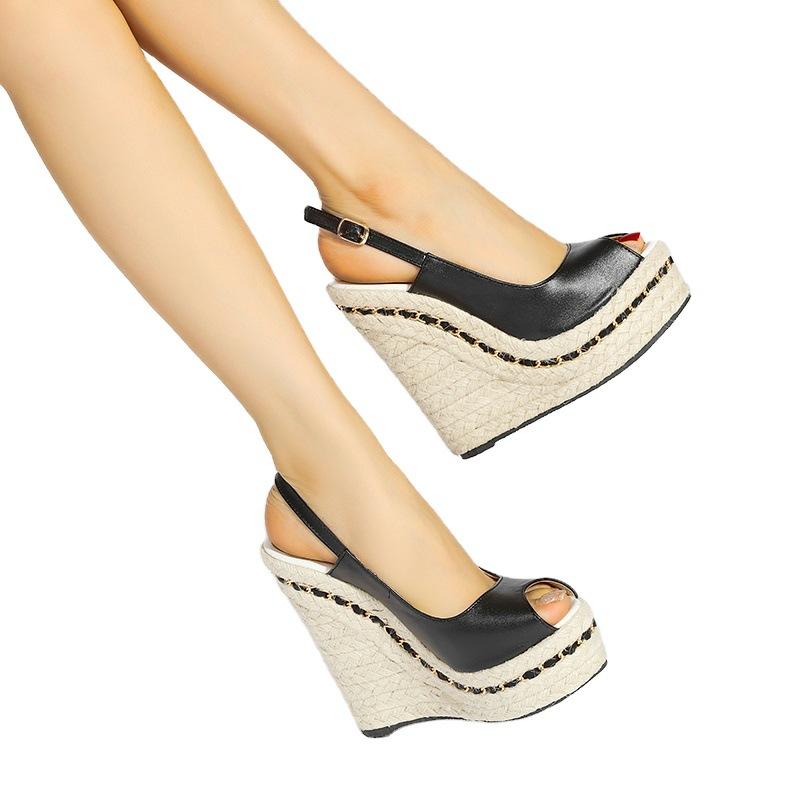 

Women's shoes European and American style early 2021 new spring heel sandals with chain of 16 cm wedges, Black