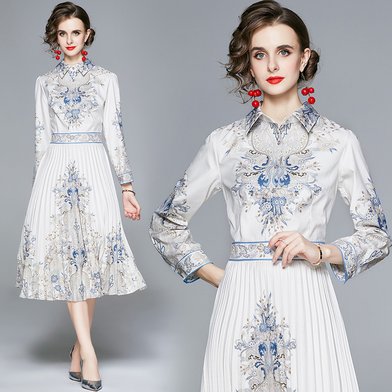 

2021 New Elegant Autumn Printed Pleated Runway Es Women High Quality A-line Midi Party Beach Wyur, The picture color