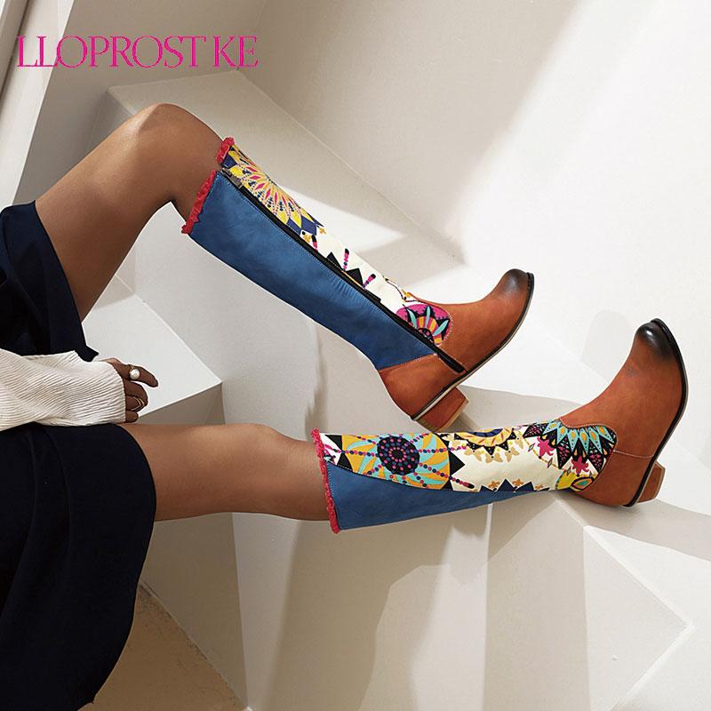 

Lloprost ke Bohemia Ethnic Knee High Riding Boots Women Low Heel Autumn Shoes 2020 Floral Print Graffiti Long Boots Large Size, Green
