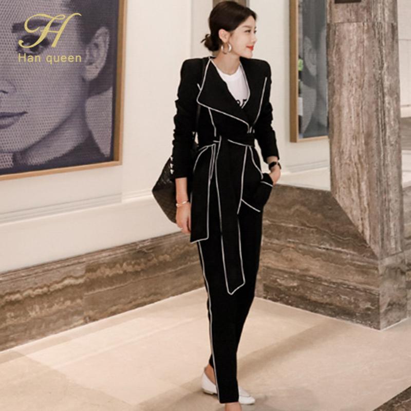 

H Han Queen Simple Korean Winter Lace-up 2 Pieces Set Women Notched Blazer & Long Pant Women Pant Suits Female Occupation Suit, Black