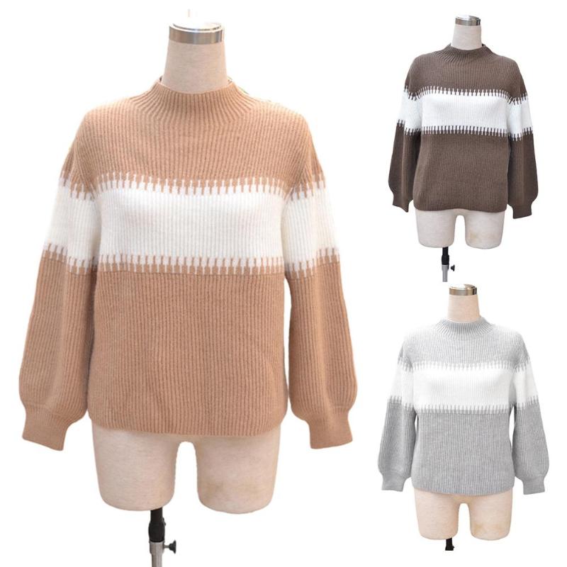 

Turtleneck Knitted Sweater Patchwork Stripe Thick Lantern Brown Grey Long Sleeve Unique Basis Loose Pullover Winter New Clothing