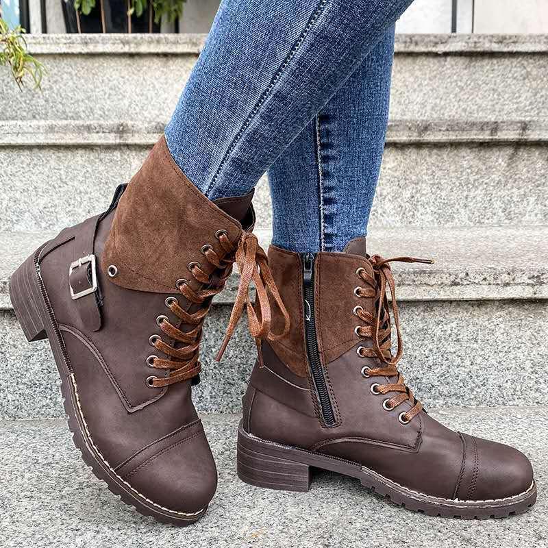 

New European American Round Toe Square Heel Women's Boots Solid Color Lace-up Mid-top Boots Large Size 43 Winter Warm Lady Shoes1, Black