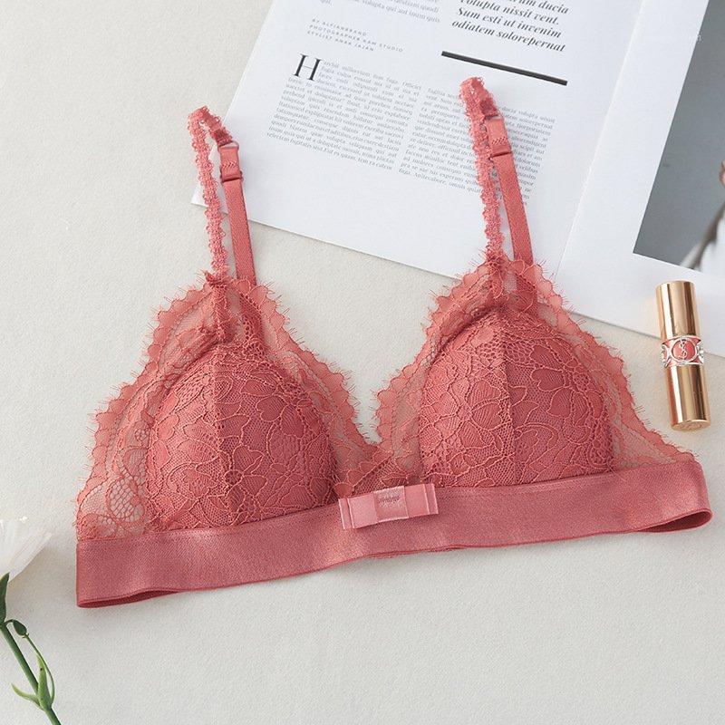

Sexy Women Lingerie Bra Wire Free Solid Lace Casual Bra Triangle Cup Thin Cup Back Buckle Underwear1