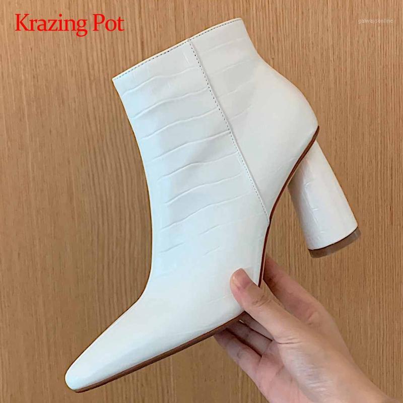 

Krazing pot work boots genuine leather stone pattern high quality small square toe thick high heel zipper mature ankle boots L701, Brown