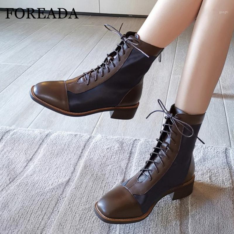 

FOREADA Med Heel Motorcycle Boots Woman Real Leather Ankle Boots Lace Up Thick Heel Short Zip Female Shoes Black Brown 401, Black synthetic lin