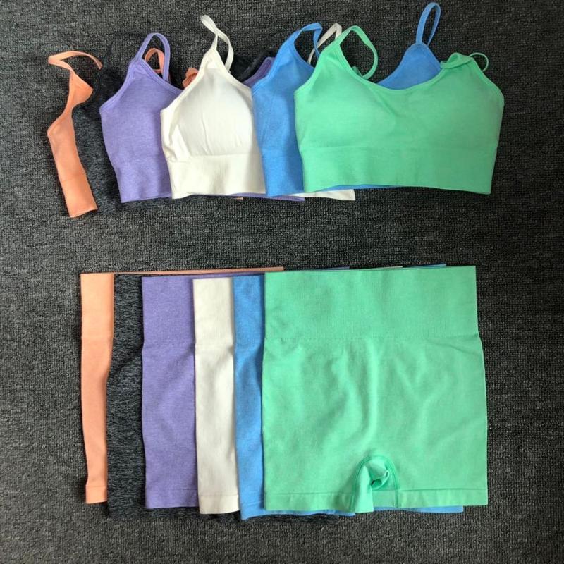 

6 Colors Sports Suit Seamless Yoga Set Female Workout Clothes Medium Support Sports Bra+High Waist Gym Shorts Women Sportwear, Purpie shorts
