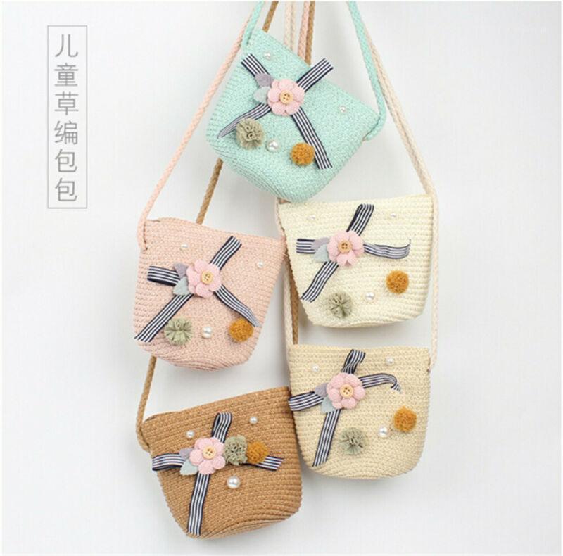 

US Children Holiday New Cute Flower Straw Beach Handbag Cute Messenger Bag Kids Shoulder Bag Coin Purse1, Beige