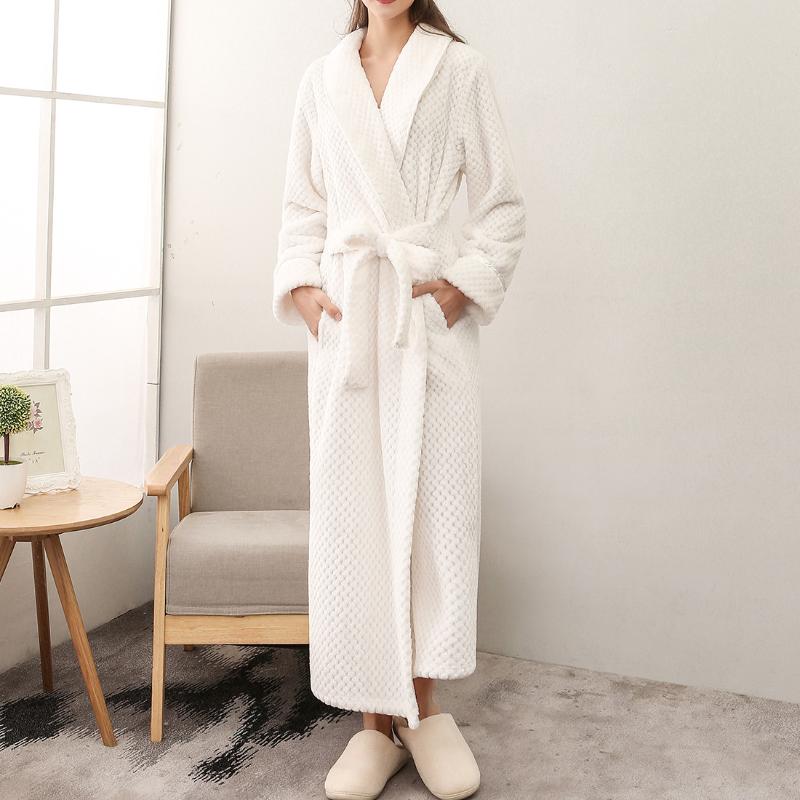 

Women Men Extra Long Warm Dobby Coral Fleece Bathrobe Winter Thick Flannel Thermal Bath Robe Kimono Dressing Gown Peignoir, White