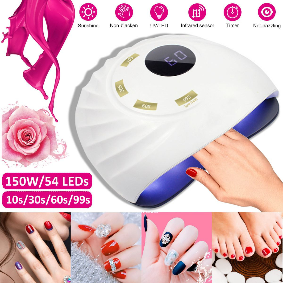 

150W Modern 2 UV LED Lamp Nail Dryer Built-in Cooling Fan Fast Curing All Gels Auto Sensor 10s 30s 60s 99s Timing LCD Display, White