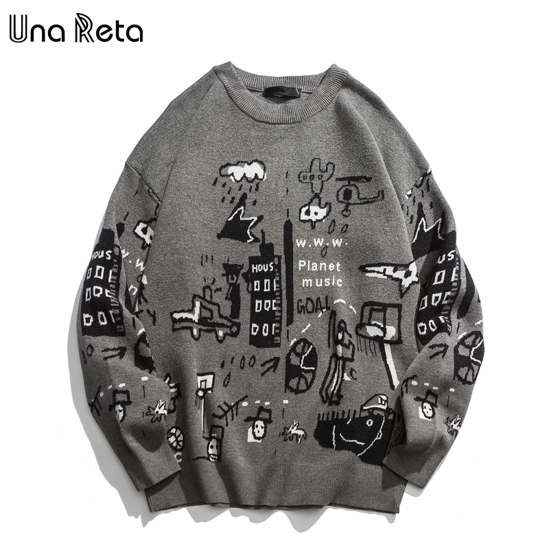 

Una Reta Men's Sweater New Autumn Fashion Print Cartoon Sweater Pull Homme Casual Loose Vintage Pullover Sweater Men 201201, Gray