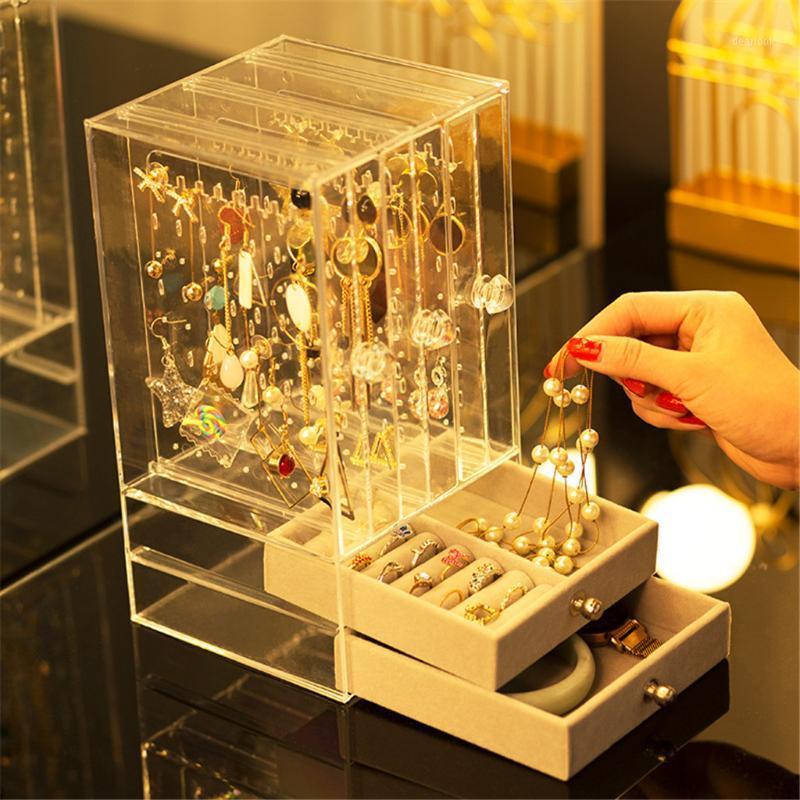 

Transparent Jewelry Organizer Clear Box Storage Multiple compartment drawer 3-row hanger 2 drawers Acrylic size 32X20X12.5cm JS1