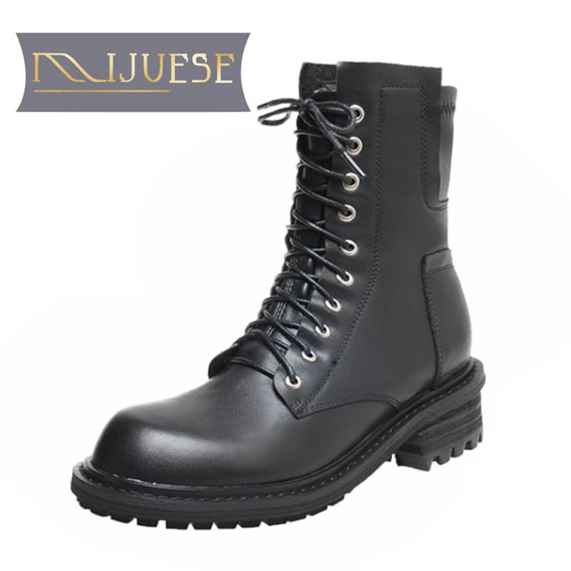 

MLJUESE 2021 women ankle boots soft Cow leather winter short plush lace up round toe high heels equestrian boots party dress, Black