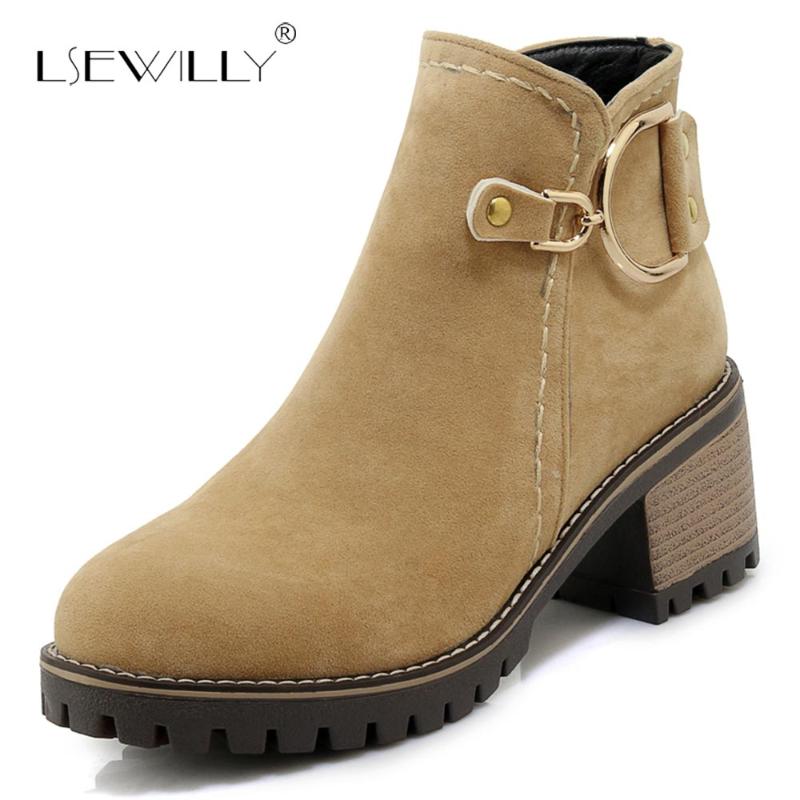 

Lsewilly 2020 new ankle boots for women round toe flock autumn winter boots zipper fashion platform high heels shoes S929, Black
