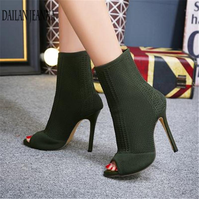 

Dailan Jeanna Brand shoes European short boots spring hollowed fishmouth wool socks boots super high heels women's cool1, Black
