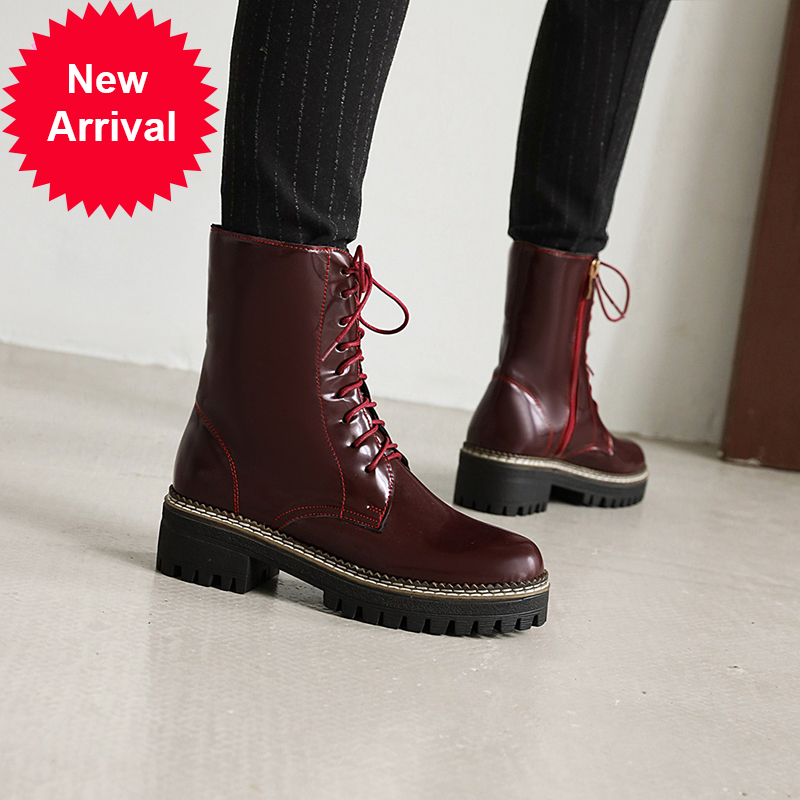 

2021 The New Casual-style Pinky Toe Round Ankle Fashion Lasso-up Zipper Black Red Platform Heels Medium Motorcycle Boots Women's Shoes 42ei, White