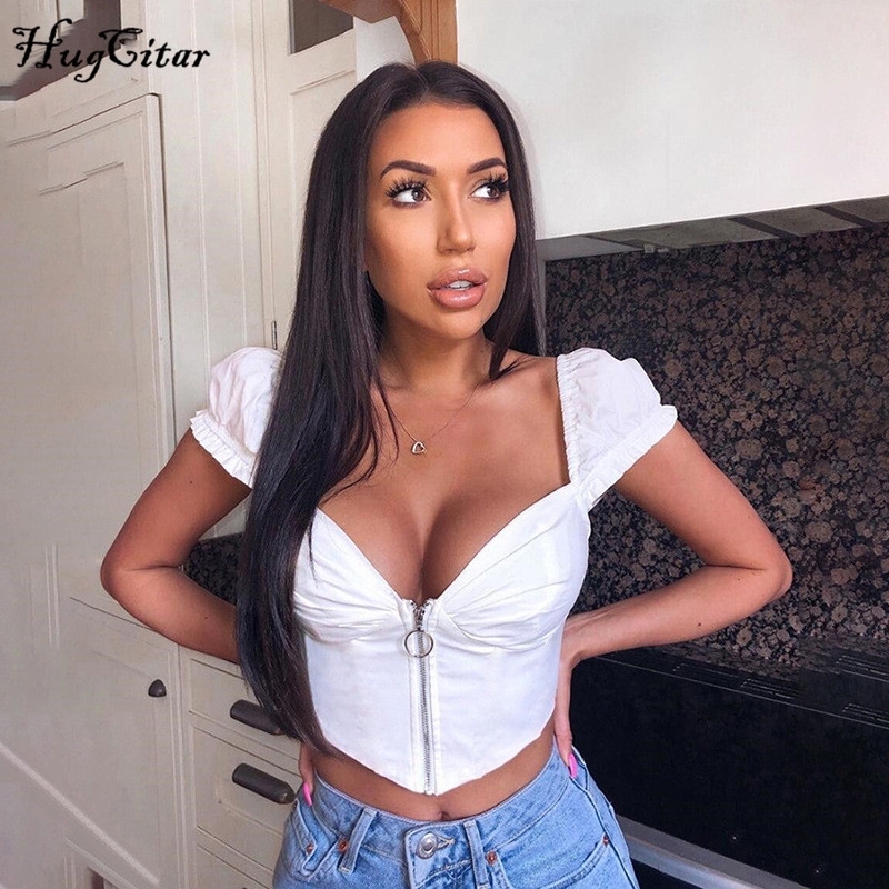

Hugcitar zipper V-neck solid sexy crop tops summer women fashion patchwork streetwear short sleeve t shirt Y200824, White