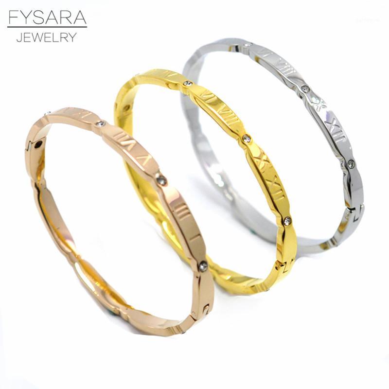 

FYSRRA Brand Jewelry Women Bangles Stainless Steel Gold-Color Crystal Bracelet Carving Roman Numerals Bangle & Bracelet Gift1