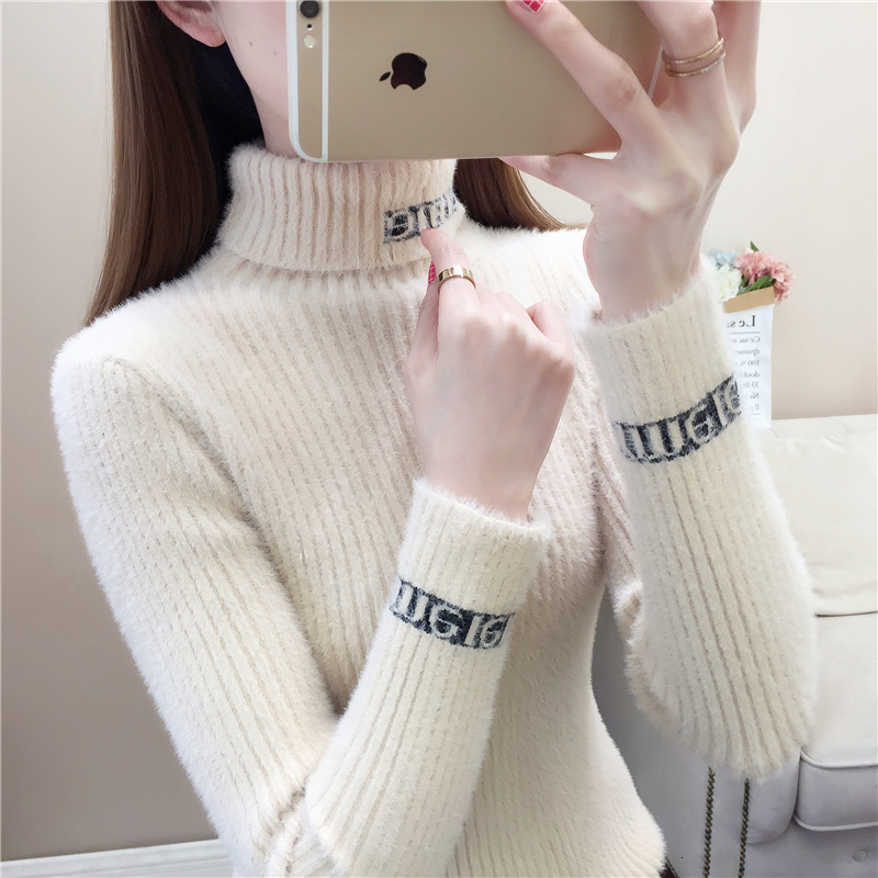 

2021 New High Neckline Mink Sweater for Female Winter Thickening QPXW, White;black