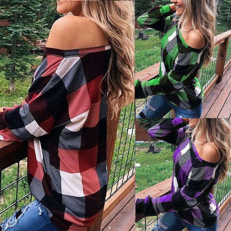 

Women' Blouses & Shirts Fashion Blouse Casual Plaid Off Shoulder Pullover Top Baggy Loose Sports, Blue
