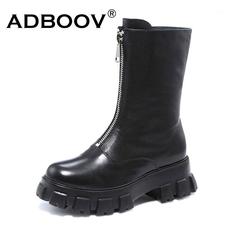 

ADBOOV Leather Riding Boots Women Front Zip Platform Ankle Boots Chunky Heels Women Shoes1, Black