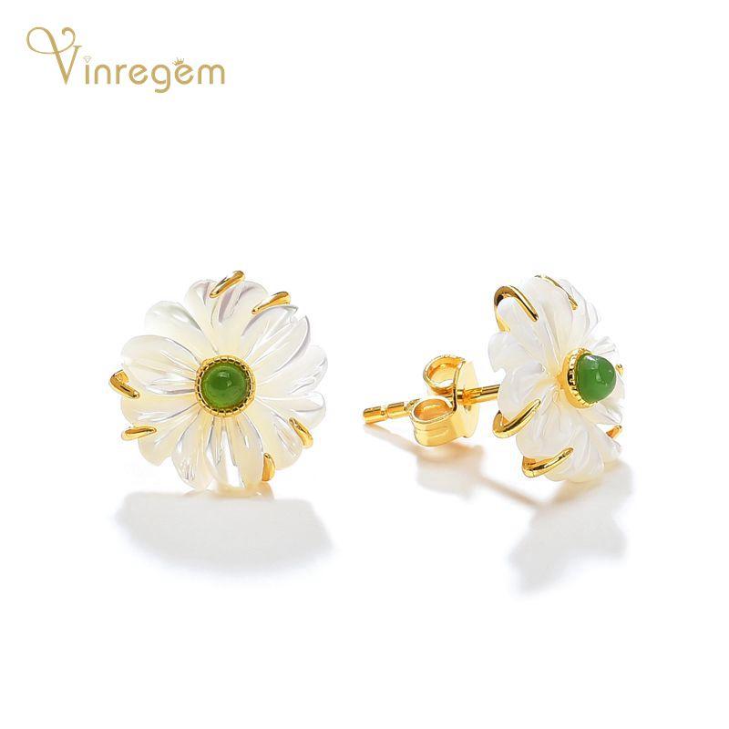 

Stud Vinregem 100% 925 Sterling Silver Jasper Shell Gemstone Wedding Engagement Romantic Flower Ear Studs Earrings Fine Jewelry