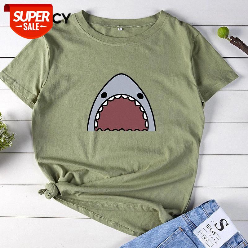

JFUNCY New Shark Cartoon Printed Summer Women T-Shirt Oversize Cotton Tees Tops Short Sleeve Casual Woman Shirts Mujer Tshirt #vn42, White