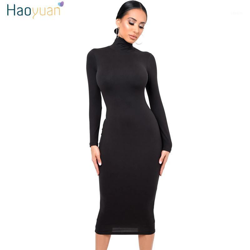 

HAOYUAN Sexy Bodycon Turtleneck Dresses for Women Autumn Winter Clothes Thick Package Hip Long Sleeve Ntght Club Party Dress1, Black