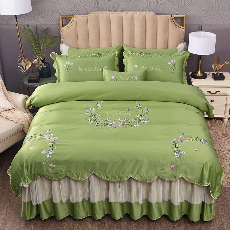 

Luxury Green Satin Silk Cotton Floral Embroidery Bedding Set Linen Home Pillowcases Textile Bedskirt Bed Duvet Double Cover Lace