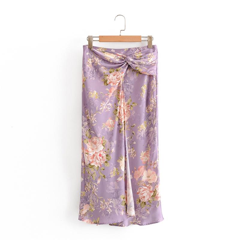 

2020 summer women's new style retro high-waisted slim-fitting fold silk satin texture bow trim hem slit print midi long skirt, Multi