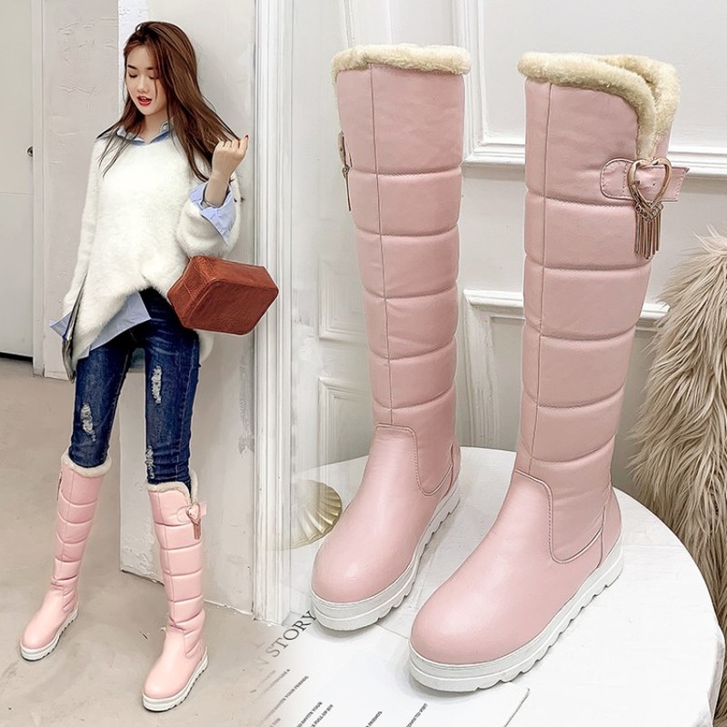 

Winter Snow Boots Thick Fur Warm Knee High Boots Women Round Toe Flat Comfortable Platform Metal Decoration Female Shoes MAZIAO, Pink