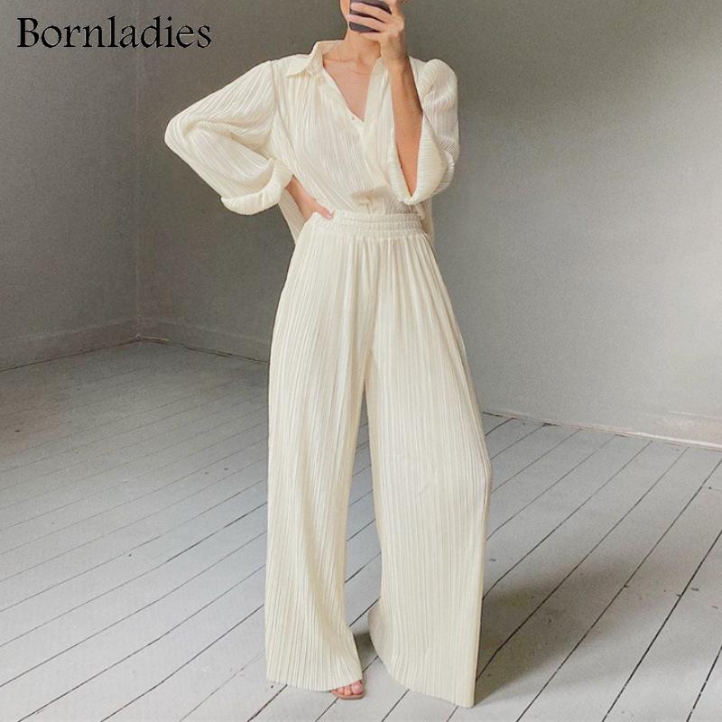 

Women's Two Piece Pants Bornladies Pleated Wide Leg Sets Women Elastic High Waist Ruched Palazzo + Loose Blouse Shirt Oversized, White
