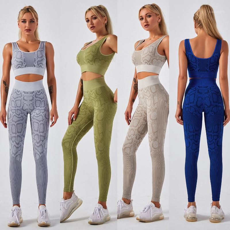 

2pcs Seamless Women Yoga Set Sport Suit Gymwear Workout Clothes Fitness Snake Bra High Waist Leggings Sports Wear1, Blue