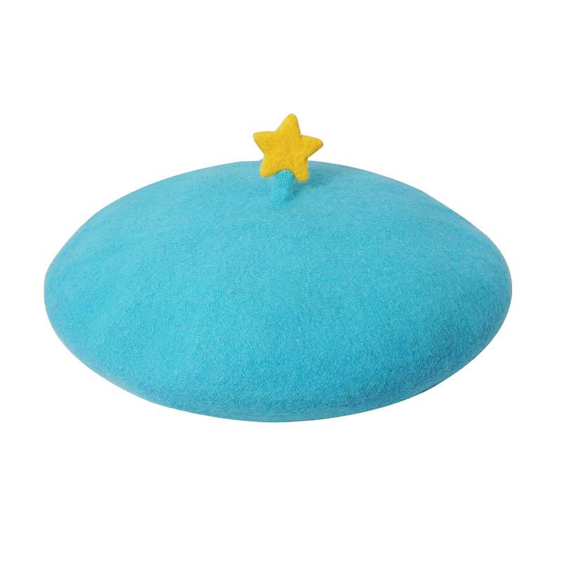 

Handmade Little Yellow Star Beret Vintage Artist Hat Kawail Mori Girl, Blue;gray