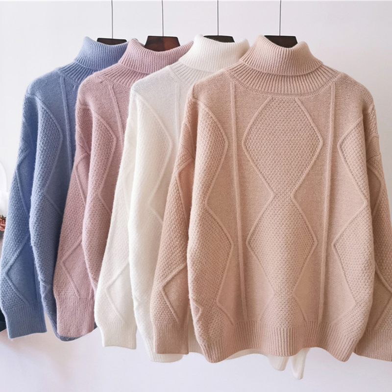 

2021 New Autumn Winter Women Turtleneck Warm Pullovers Sweater Long Sleeve Loose Jumper 3bim, Pink