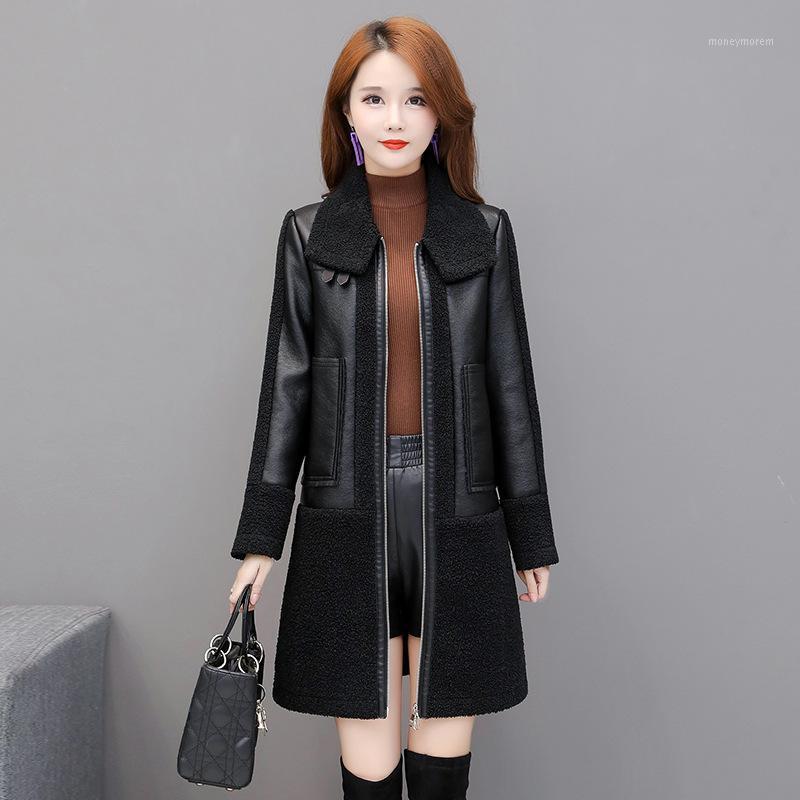

2020 new Korean version of women's leather coat thick fur coat women lapel leather trench plus size women's1, Black