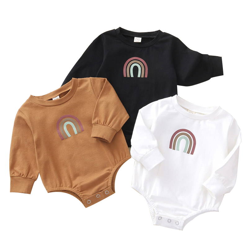 

Infant Baby Cartoon Rompers Rainbow Printed Long Sleeve Onesies Toddler Boys Girls Button Rompers Kids Jumpsuits Ropa Bebé 06210204, Brown