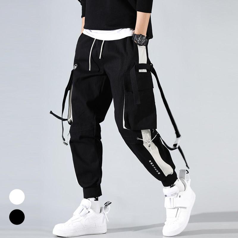 

Fashion Men Hip Hop Drawstring Multi Pockets Pants Men's Workwear Trousers Straps Ankle Tied Long Cargo Pants Trousers, Black