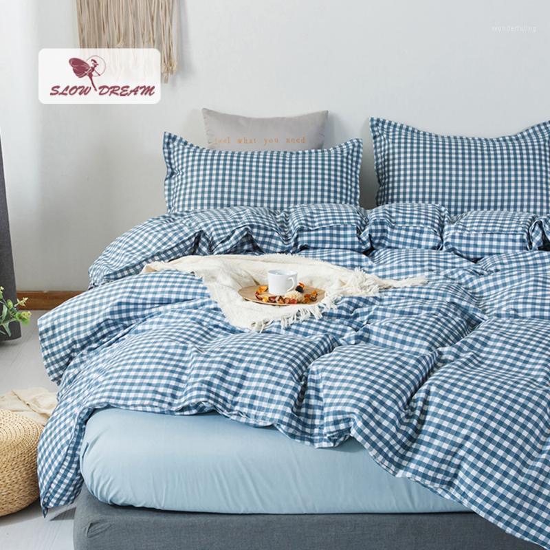 

SlowDream Blue Grid Bedding Set Japan Style Comfortable Duvet Cover Flat Sheet Double Single Family Size Adult Bed Linen Set1, 33