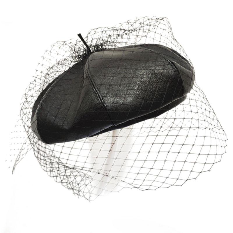 

Fascinating Black Hat Chic Leather French Beret With Veil Mesh Show Double Layer Women Beret Beanies Cap