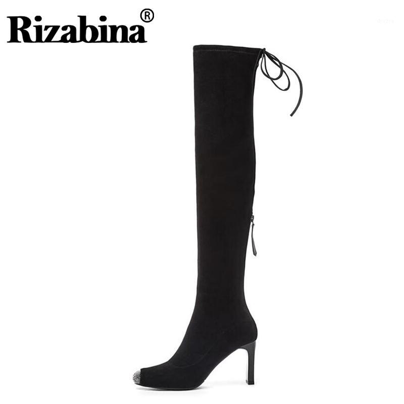 

RizaBina Women High Quality Real Leather Crystal Over Knee Boots Comfortable New Shoes Woman Winter Warm Long Boots Size 34-401, Black