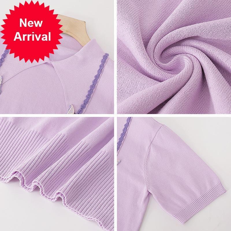 

New High 2021 Quality New Summer Sweet Black White Top Bow Collar Skin Knit Sweater Lapel Elegant Fashion Embroidered Clothes Tide B03K