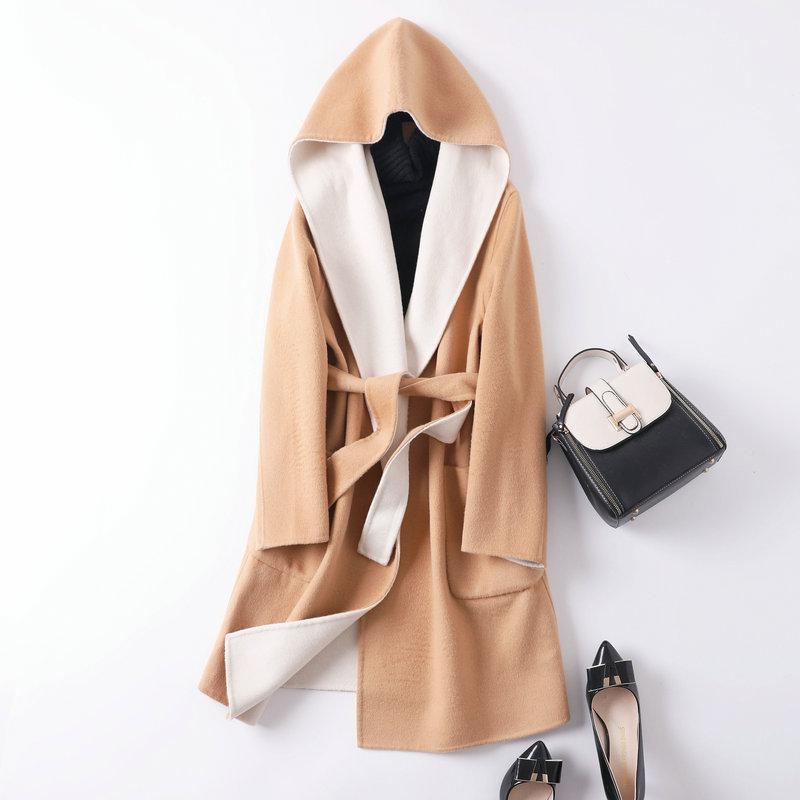 

Double sided two color cashmere coat medium length fall / winter 2020 new high end woolen coat with loose hood and tie1, Camel