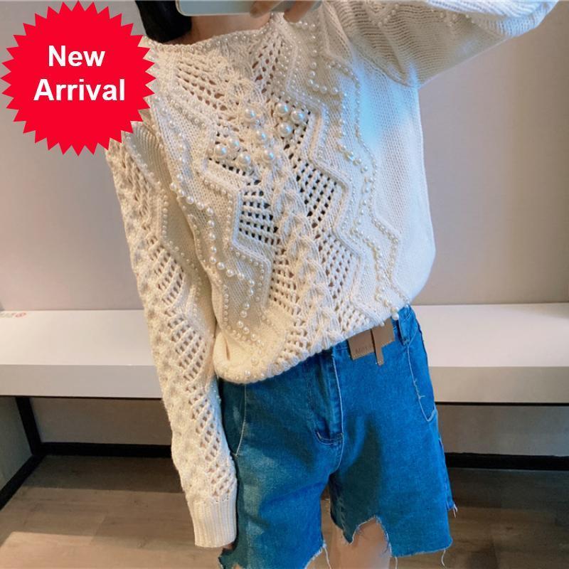 

Runway 2021 New Brand Design Autumn Neck High Quality Pearl Frizzy Blouse Hollow Out Woman' Knitted Shirt Sweater FOO7, Beige